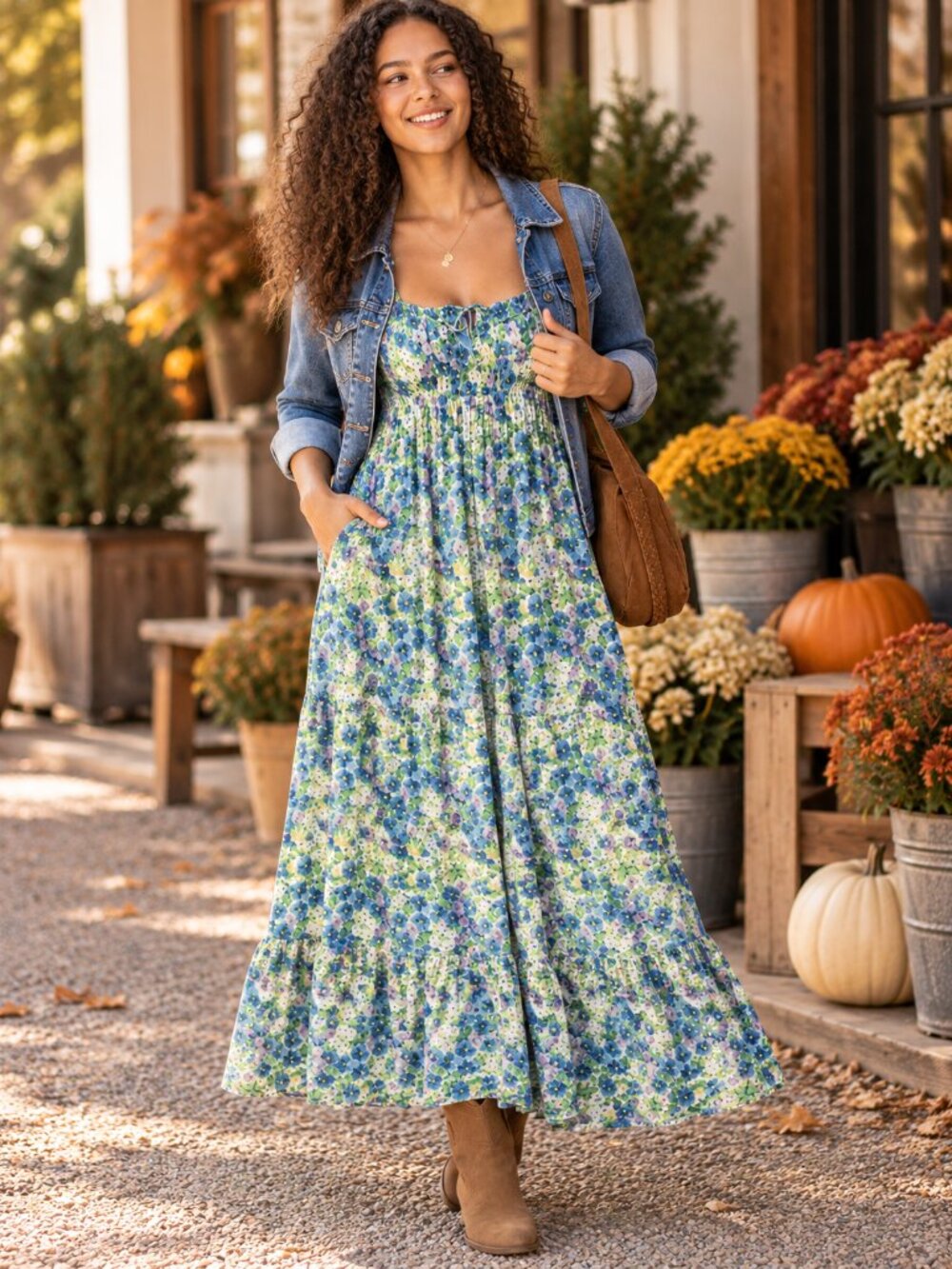 Natural Life Elizabeth Maxi Dress XS Blue Green Floral Tiered Boho Pockets
